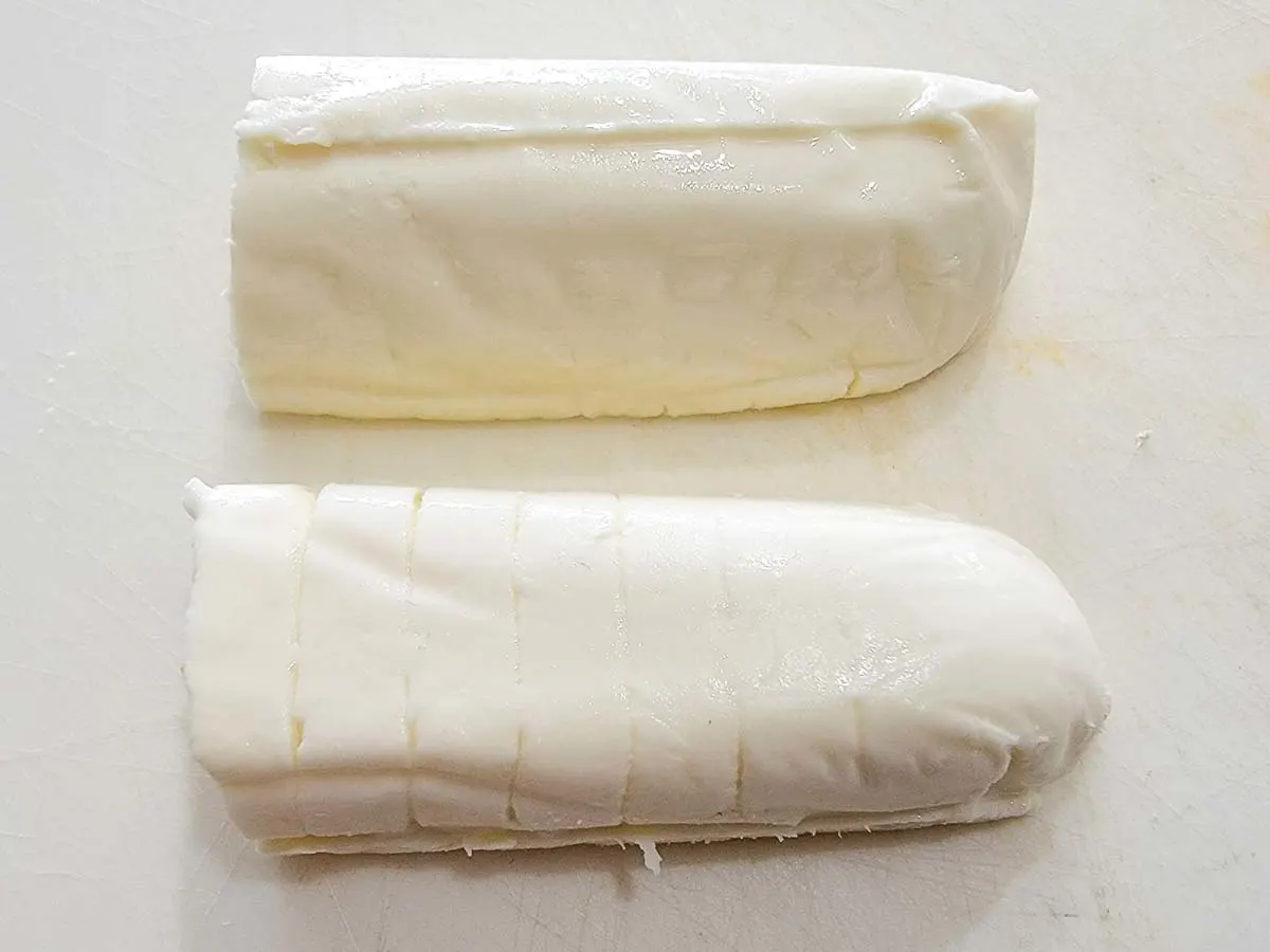 fresh mozzarella cut into two long pieces.