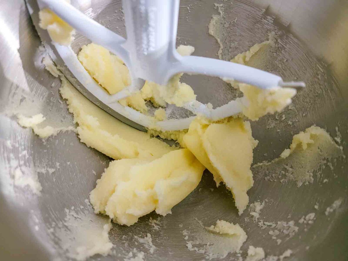 butter and sugar creamed in a mixing bowl.