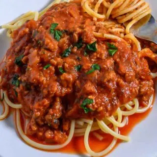 Spaghetti Sauce with Meat over pasta on a plate.