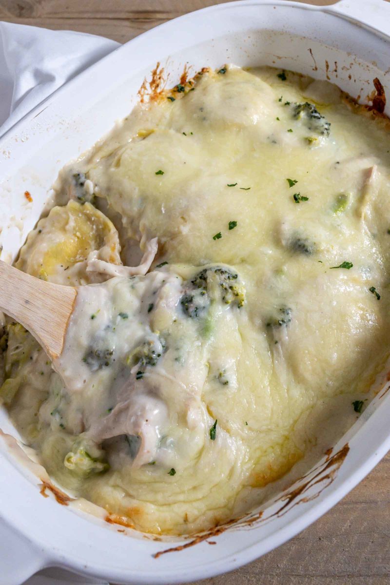 Chicken Alfredo Ravioli in a large casserole dish.