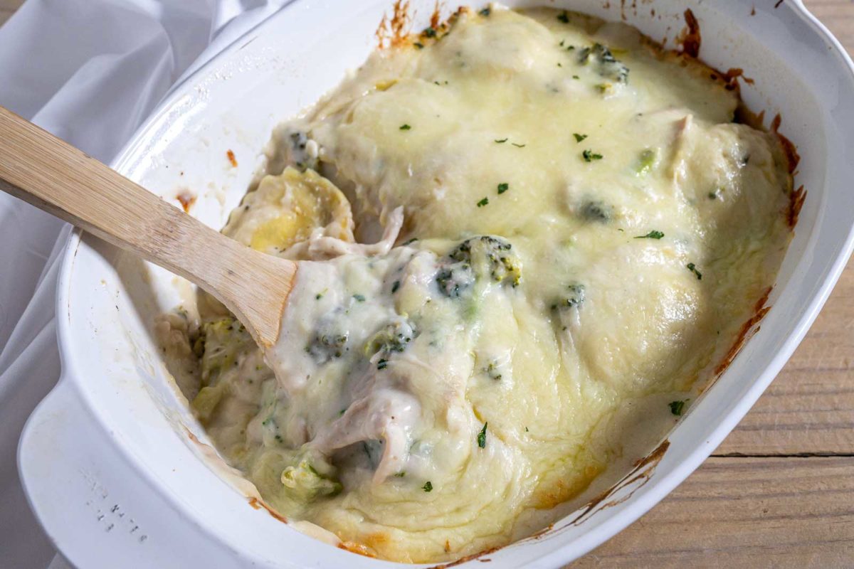 Chicken Ravioli Bake in a large casserole dish.