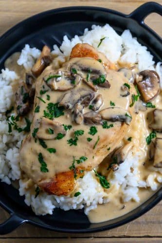 Pan Fried Pork Chops with Gravy on a plate.