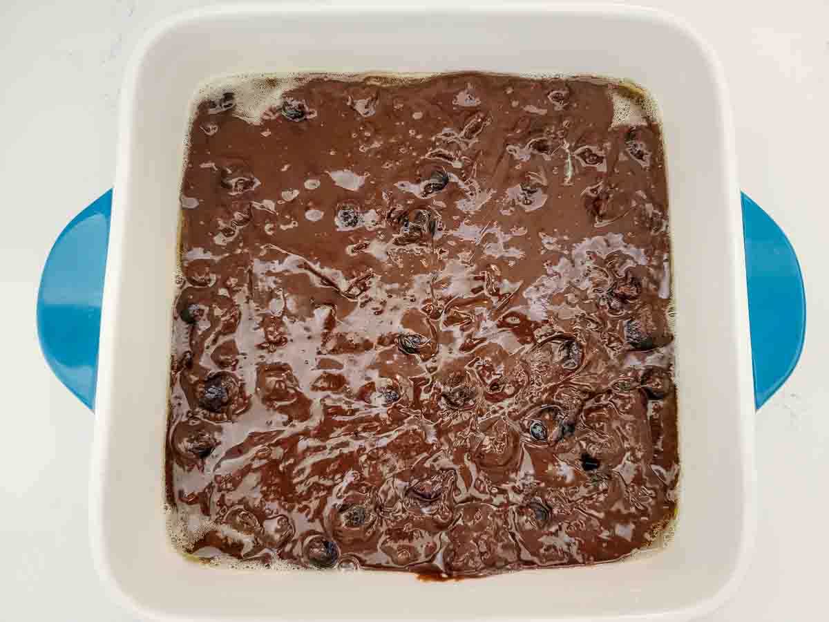 5 ingredient brown batter in an 8x8 baking dish.