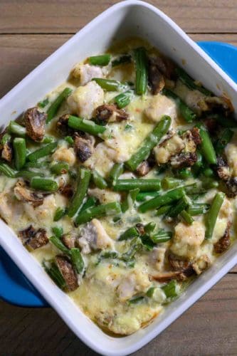 Pepper Jack Chicken in a casserole dish.