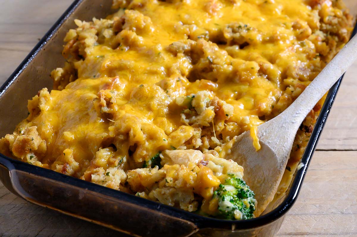Chicken Vegetable Stuffing Casserole in a baking dish.
