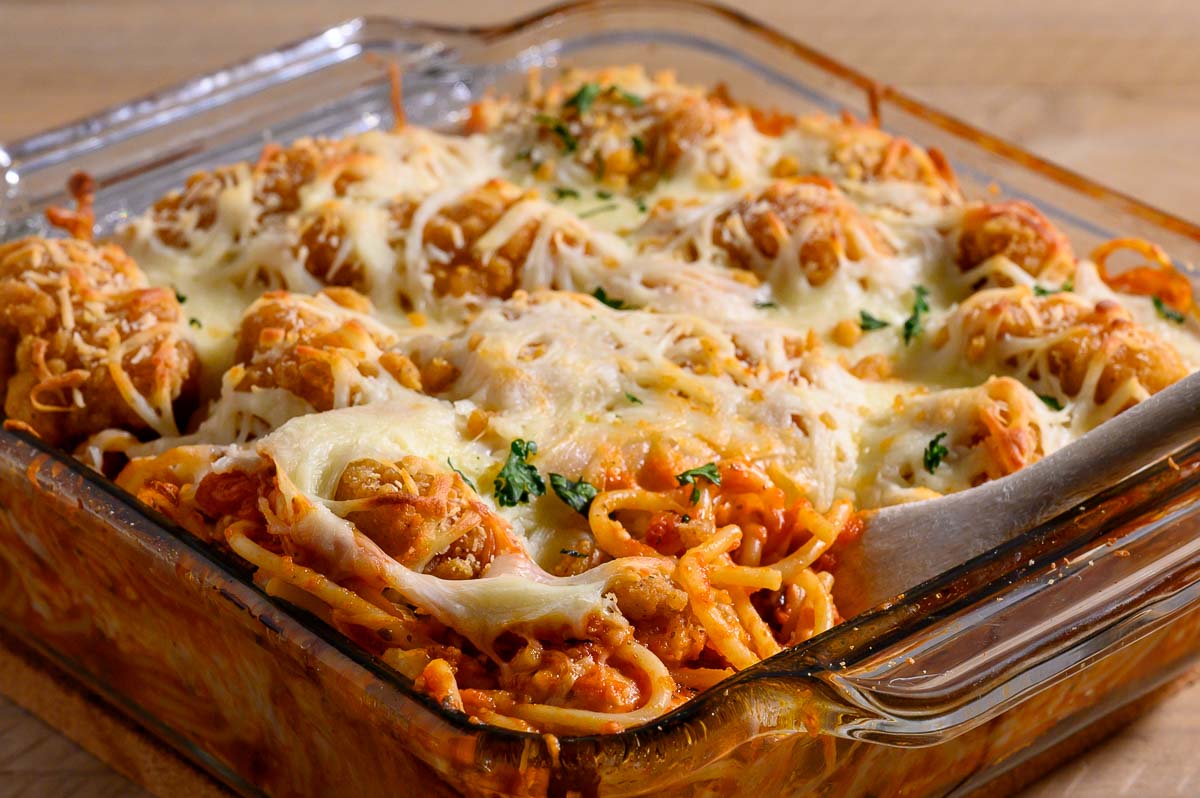 Chicken Parmesan Casserole in a baking dish.