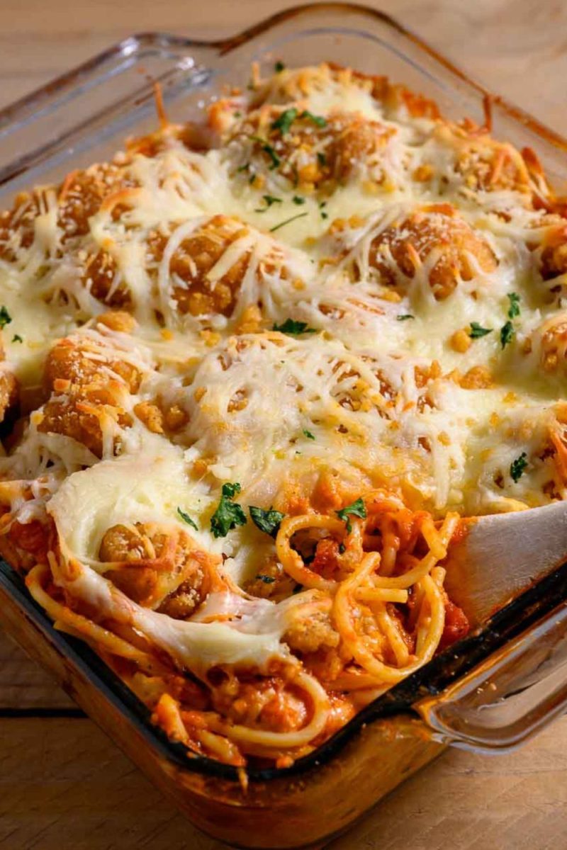Chicken Nugget Spaghetti in a baking dish.