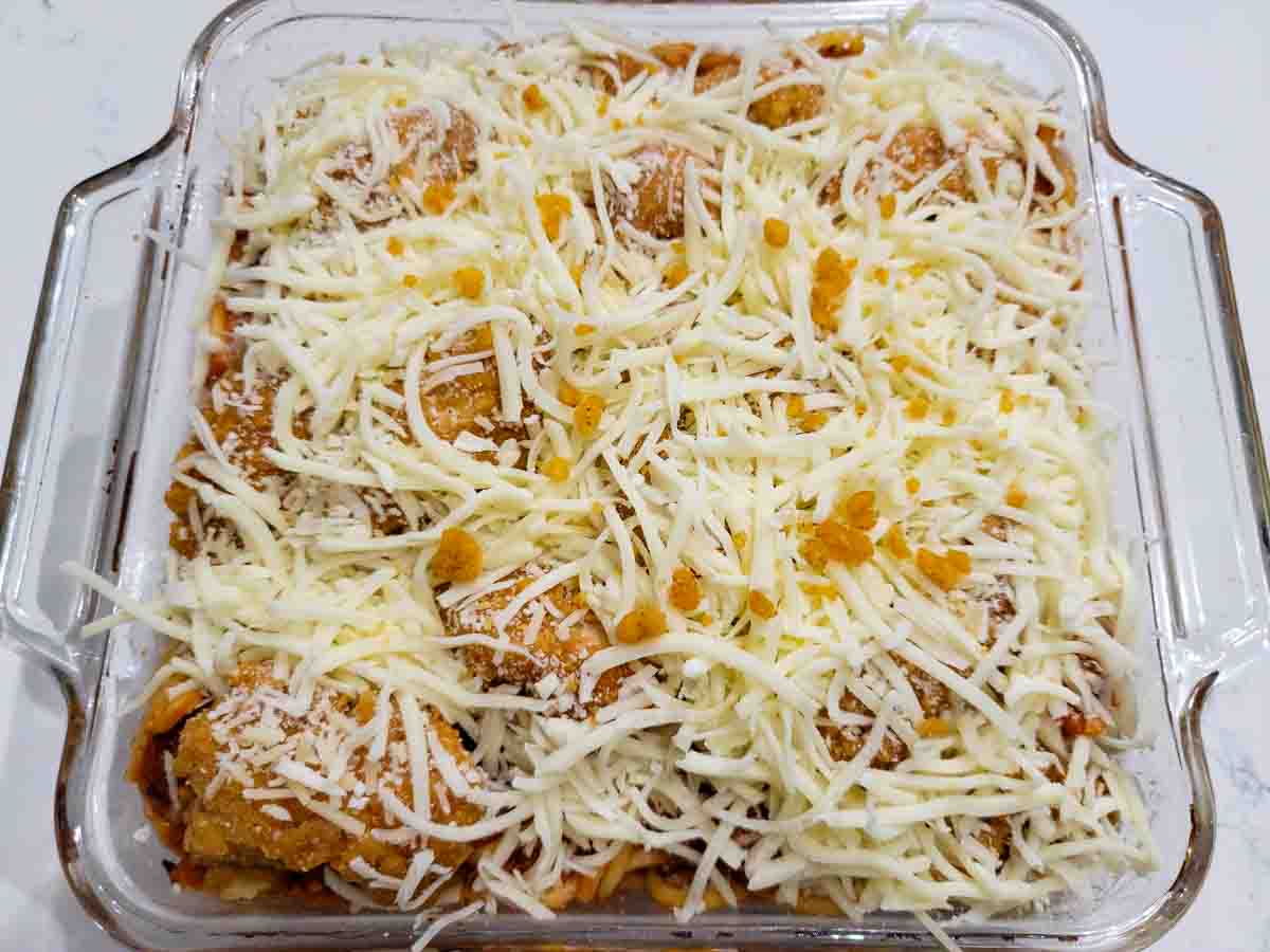 chicken parmesan casserole ready to bake.