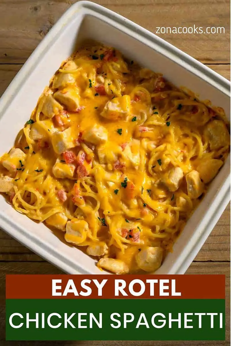 Easy Rotel Chicken Spaghetti in a baking dish.