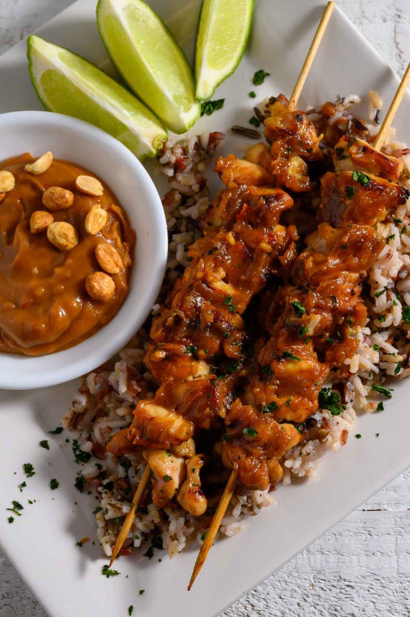 Easy Thai Chicken Skewers over rice.