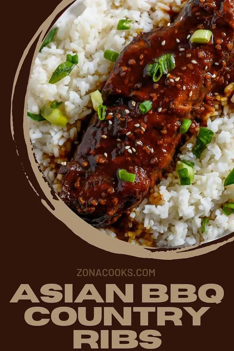 Asian BBQ Country Ribs and rice on a plate.