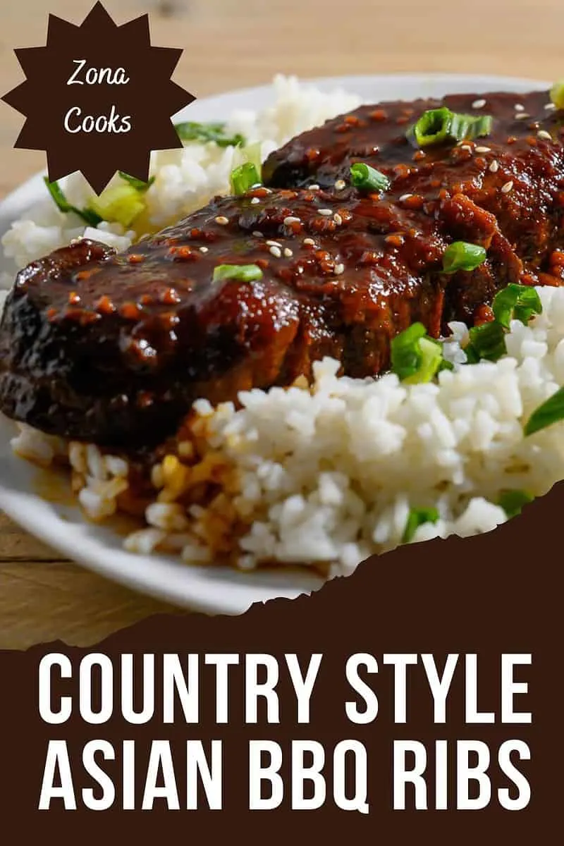 Country Style Asian BBQ Ribs and rice on a plate.