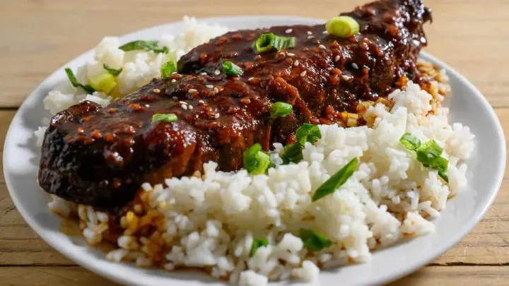 Slow Cooker Asian Country Style Ribs and rice on a plate.
