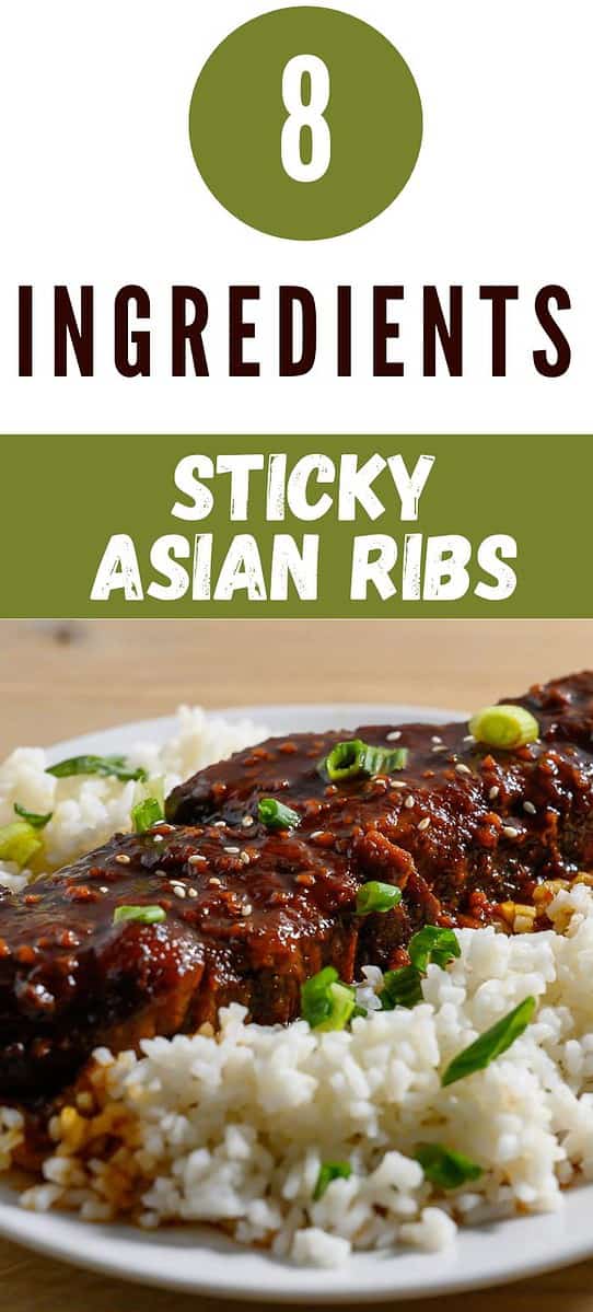 8 Ingredient Sticky Asian Ribs and rice on a plate.