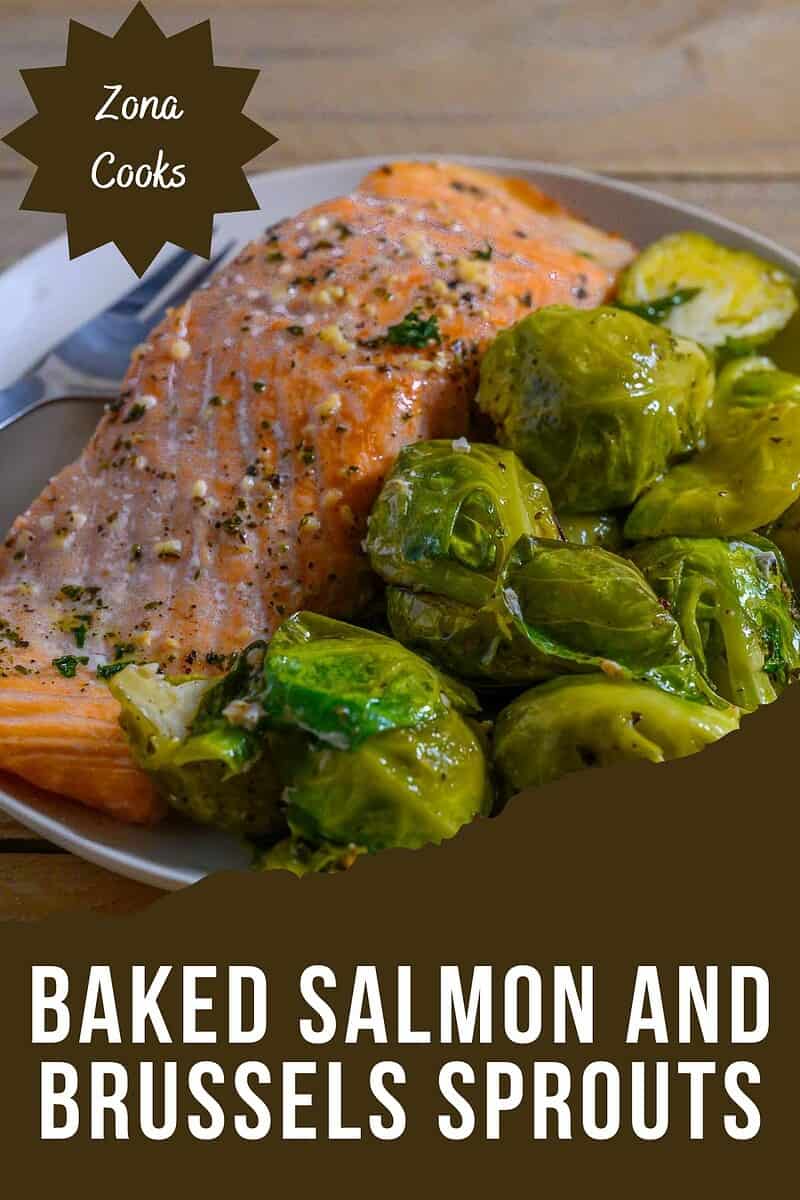 Baked Salmon and Brussels Sprouts on a plate.