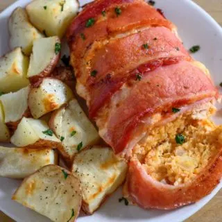 Chicken and Bacon Meatloaf and potatoes on a plate.