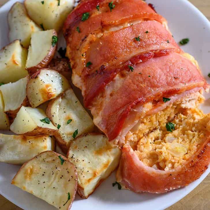 Chicken and Bacon Meatloaf and potatoes on a plate.