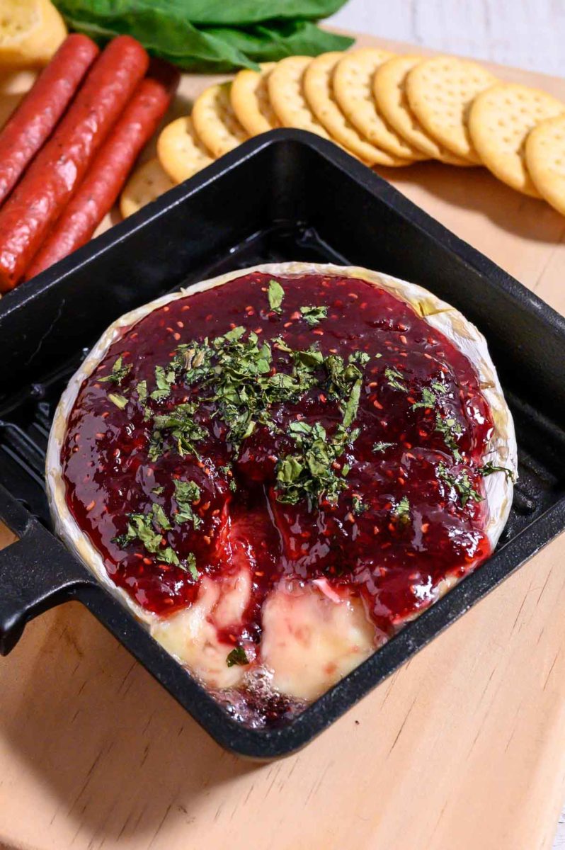 4 Ingredient Brie and Jam in a small cast iron pan.
