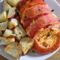 Chicken and Bacon Meatloaf and potatoes on a plate.