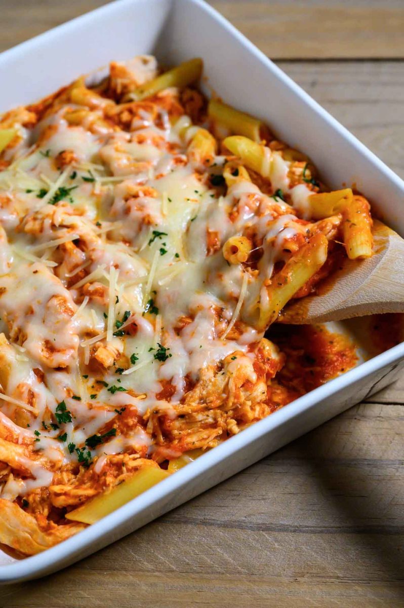 Chicken Penne Bake in a dish.
