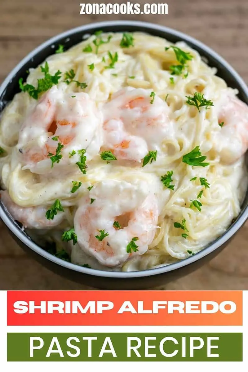 Shrimp Alfredo Pasta in a bowl.
