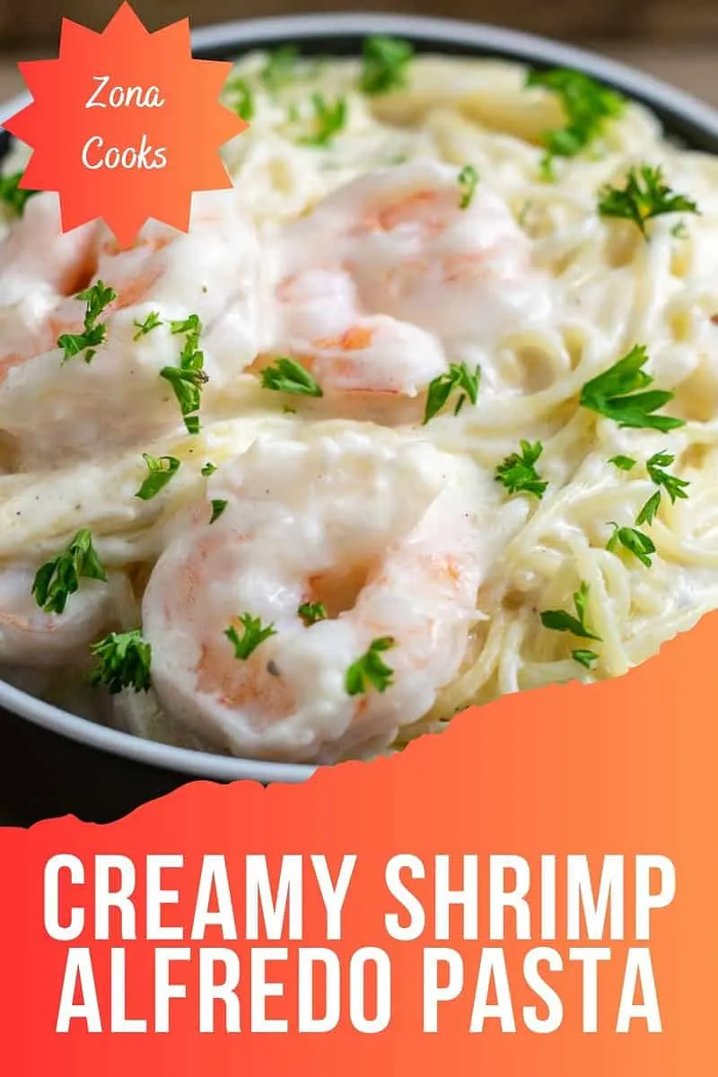 Creamy Shrimp Alfredo Pasta in a bowl.