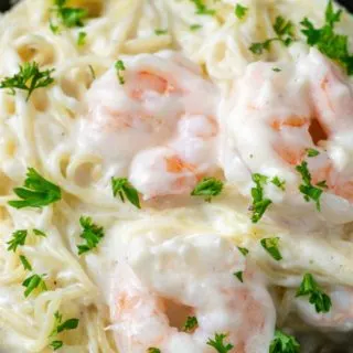 Shrimp Alfredo Pasta in a bowl.