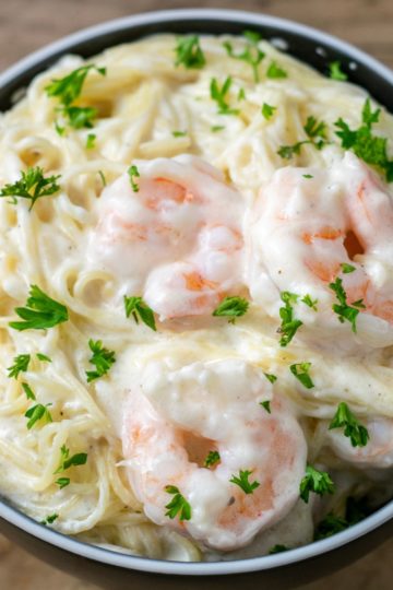 Shrimp Alfredo Pasta in a bowl.