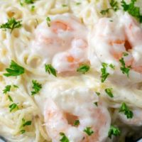 Shrimp Alfredo Pasta in a bowl.