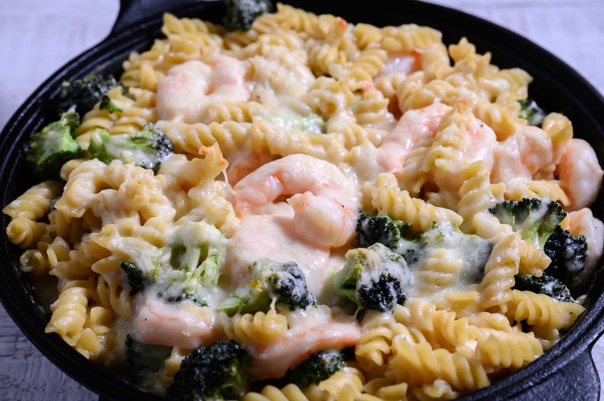 Shrimp Broccoli Pasta Bake in a skillet.