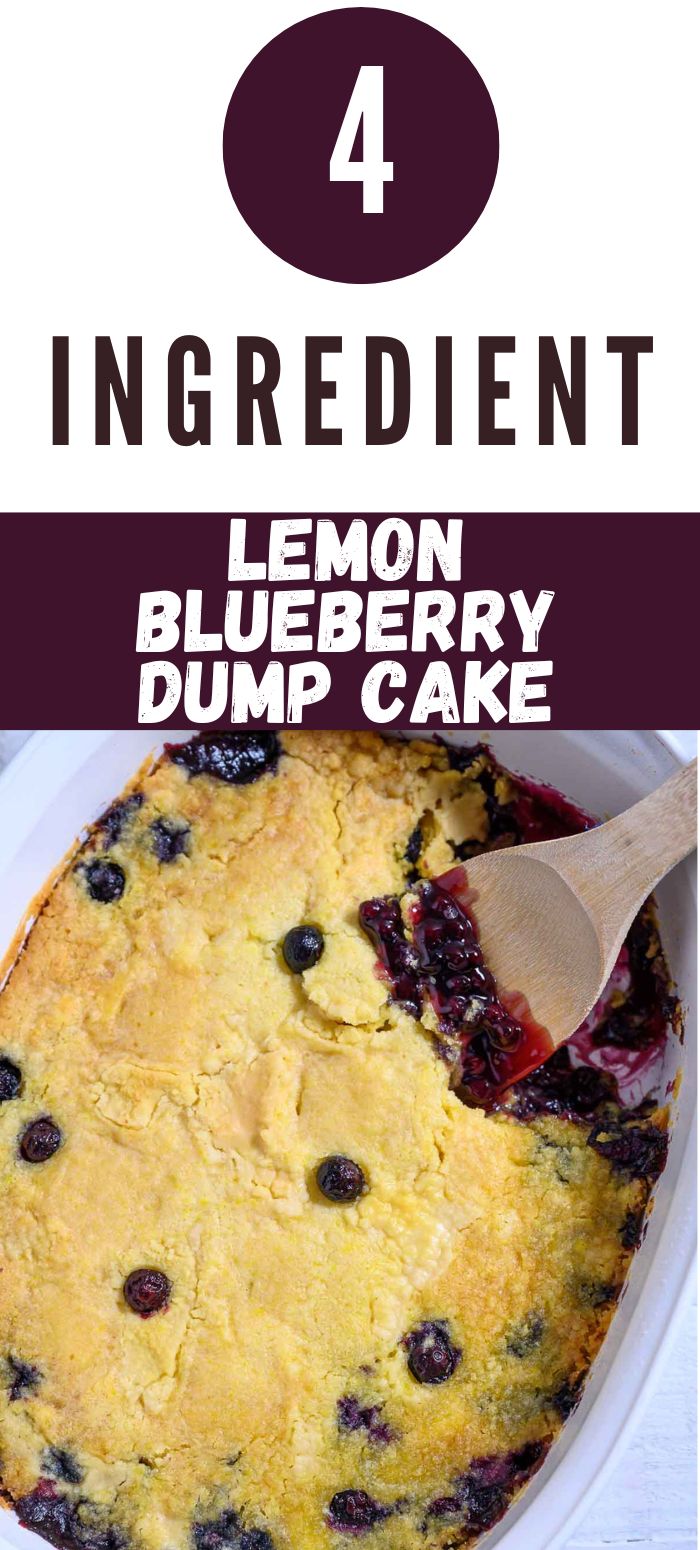 4 ingredient lemon blueberry dump cake in a baking dish.