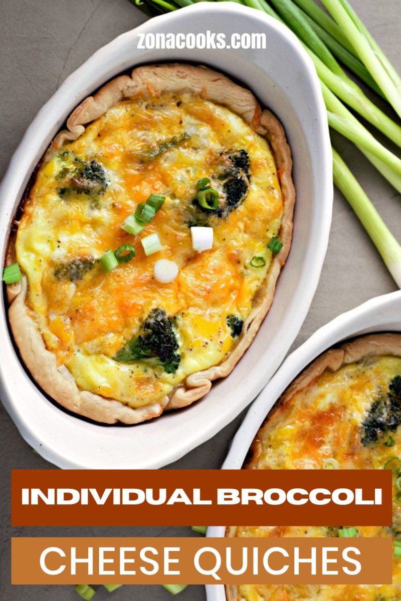 Individual Broccoli Cheese Quiches in baking dishes.