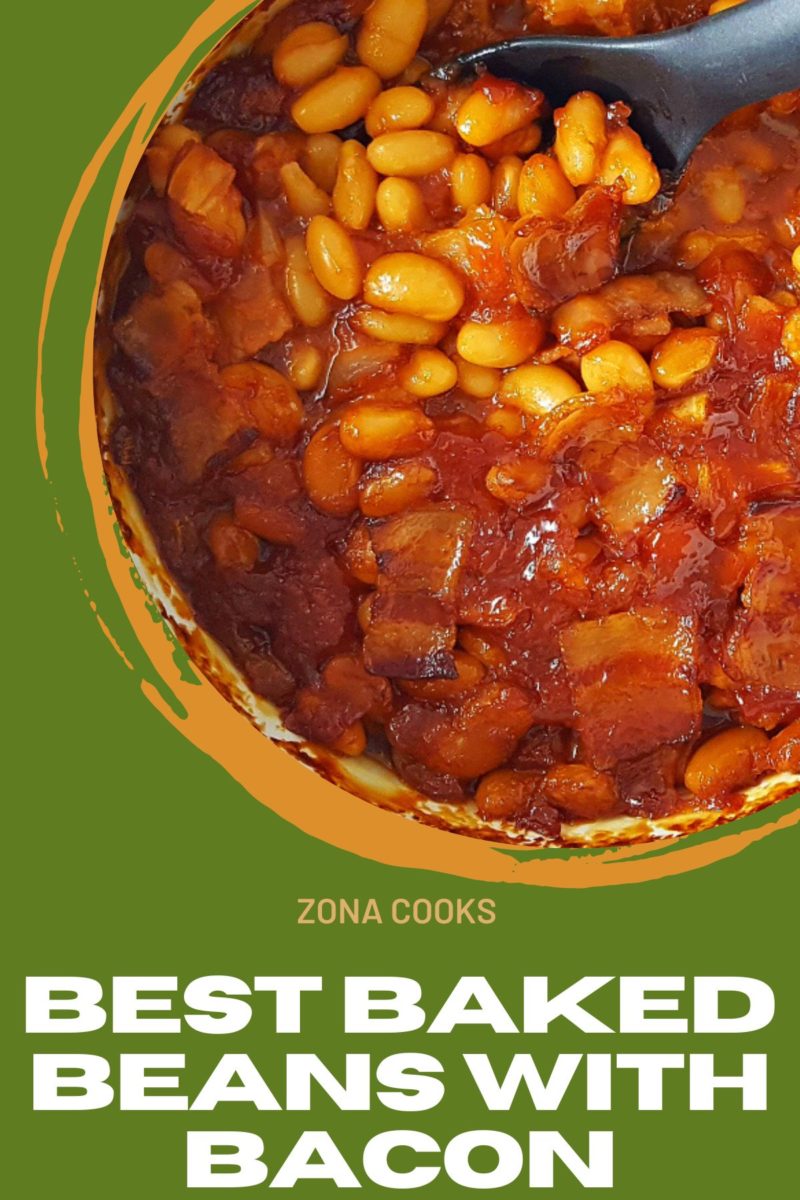 Best Baked Beans with Bacon in a casserole dish.