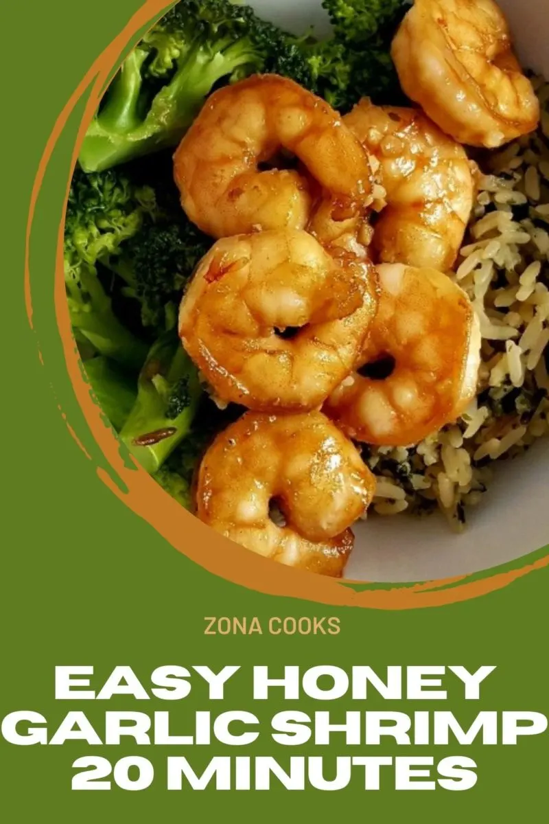 Easy Honey Garlic Shrimp over rice and broccoli.