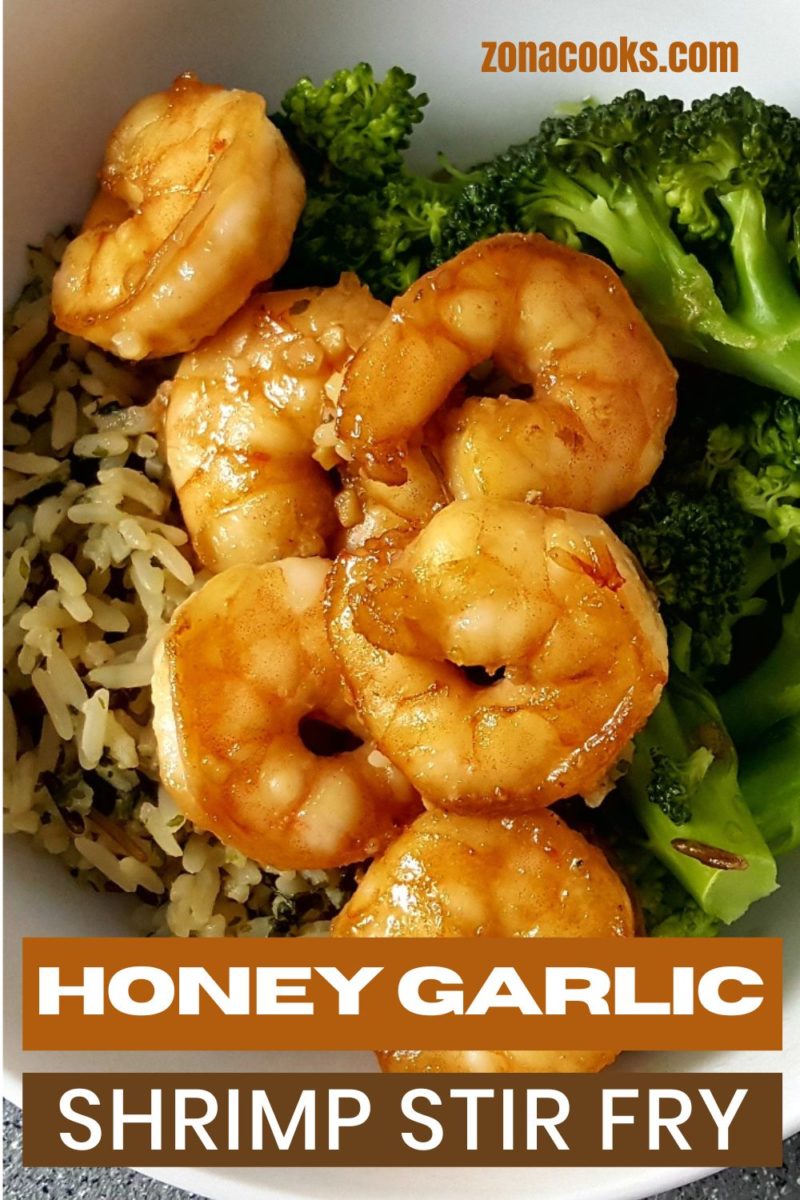Honey Garlic Shrimp Stir Fry over rice and broccoli.