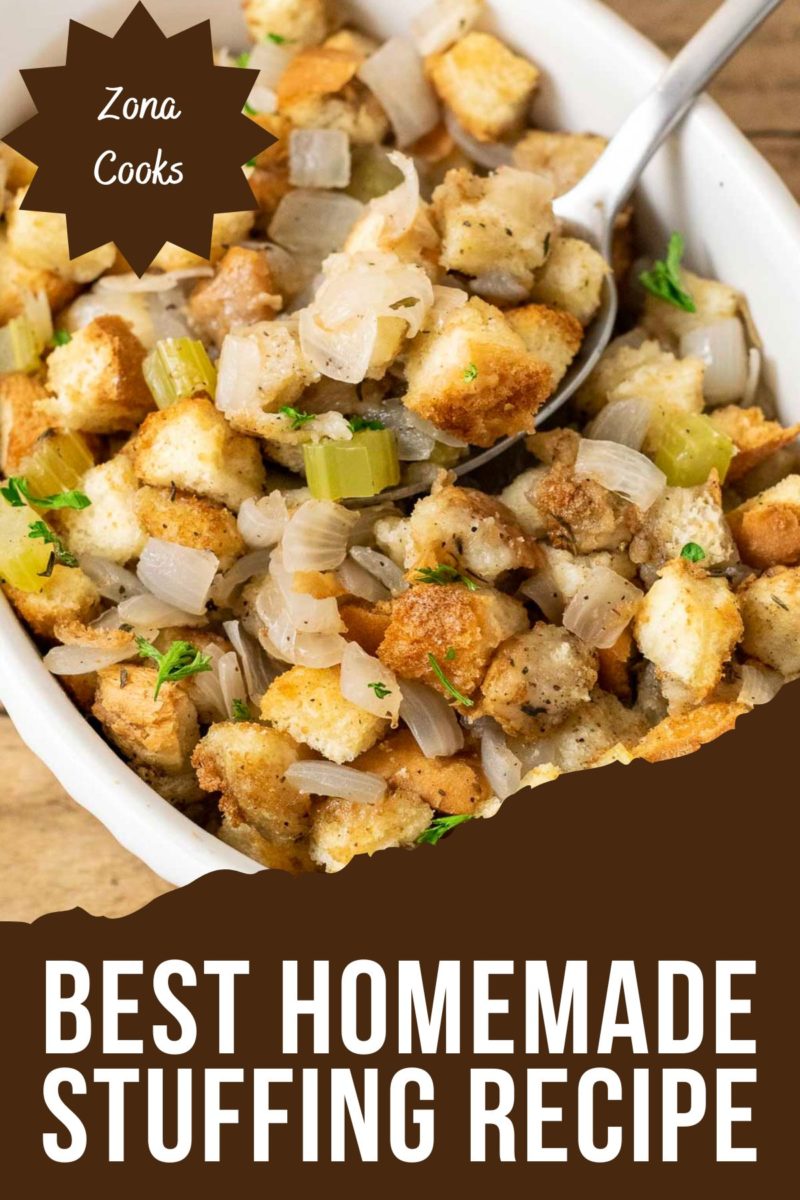Best Homemade Stuffing in a baking dish.