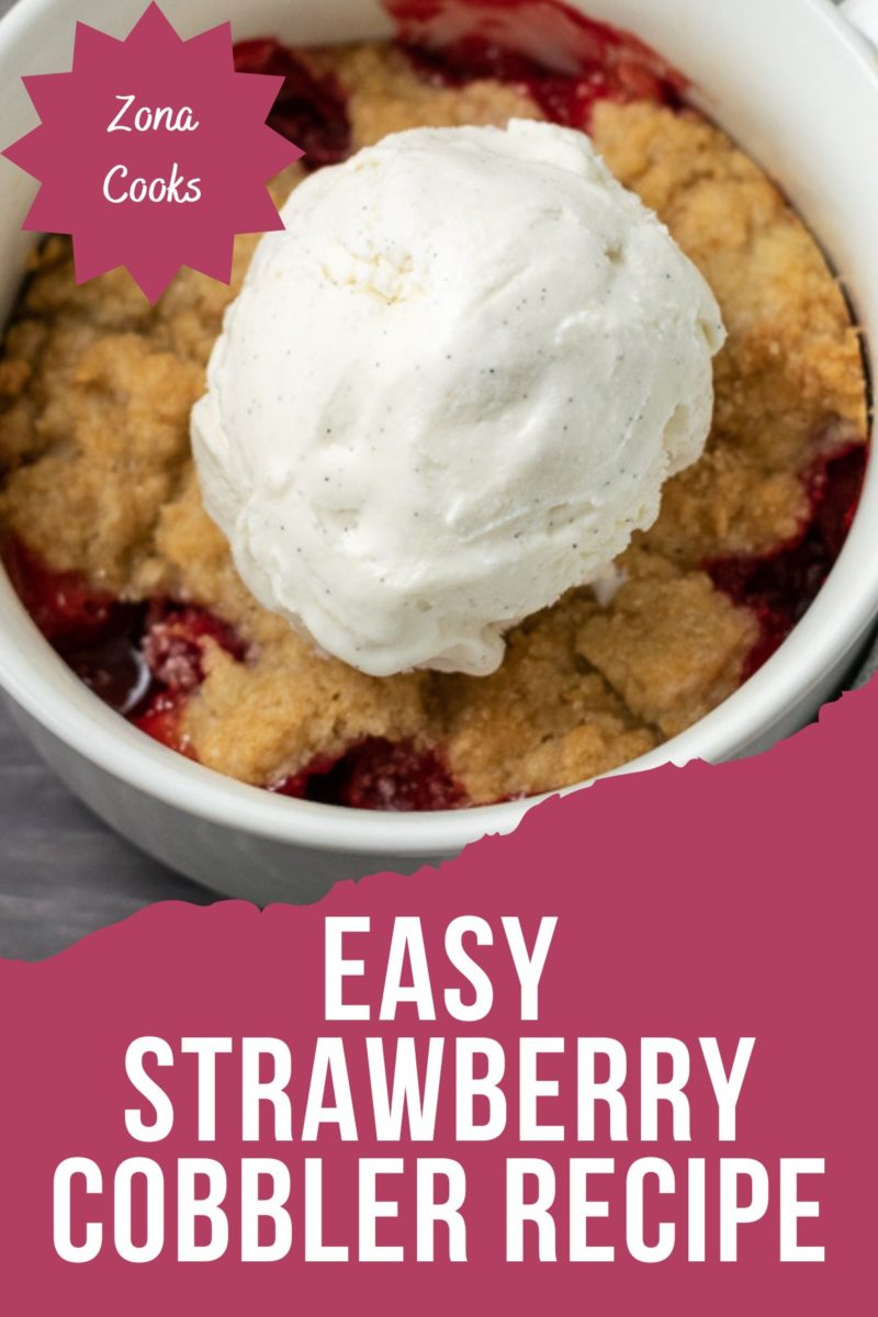 Easy Strawberry Cobbler in a baking dish.