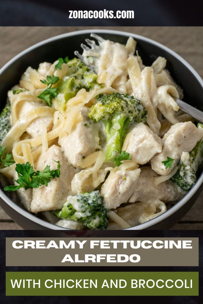 Creamy Fettuccine Alfredo with Chicken and Broccoli in a bowl.