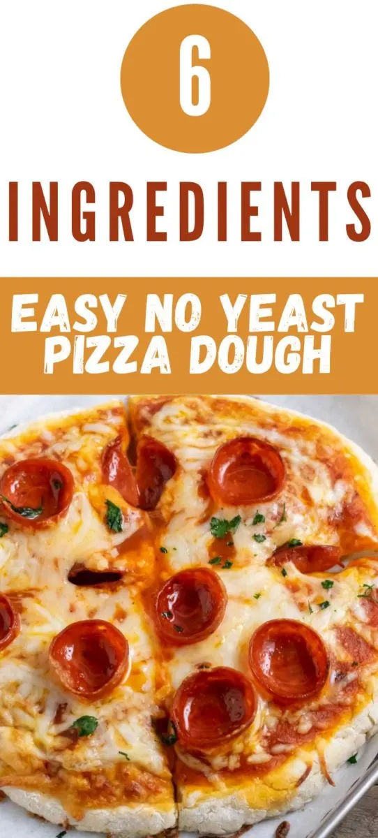 Easy No Yeast Pizza Dough topped with pizza sauce, cheese, pepperoni.