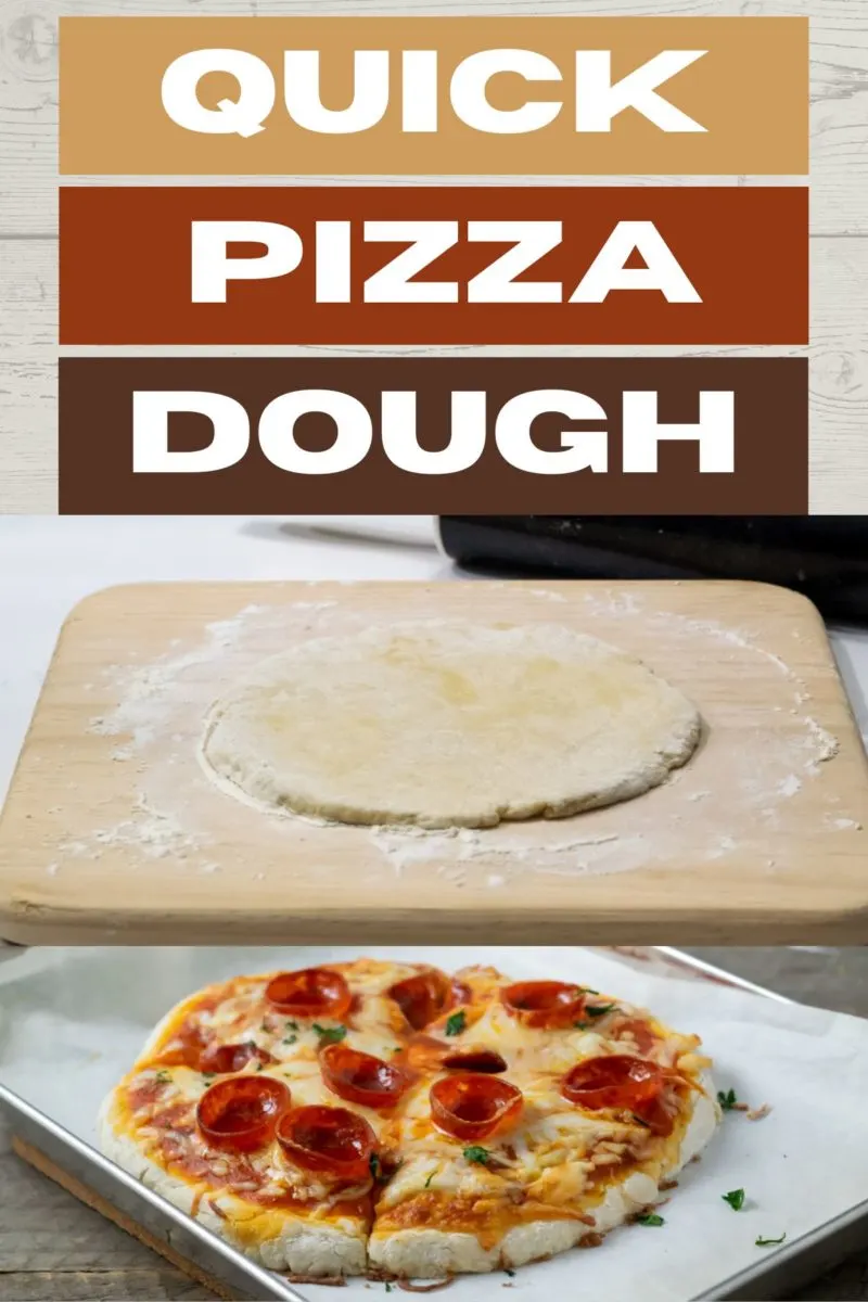 Quick Pizza Dough on a cutting board and a baked pizza.