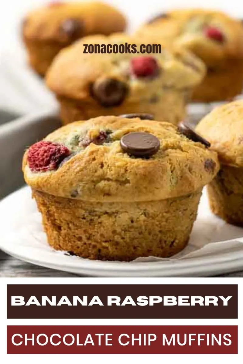 Banana Raspberry Chocolate Chip Muffins on a plate.
