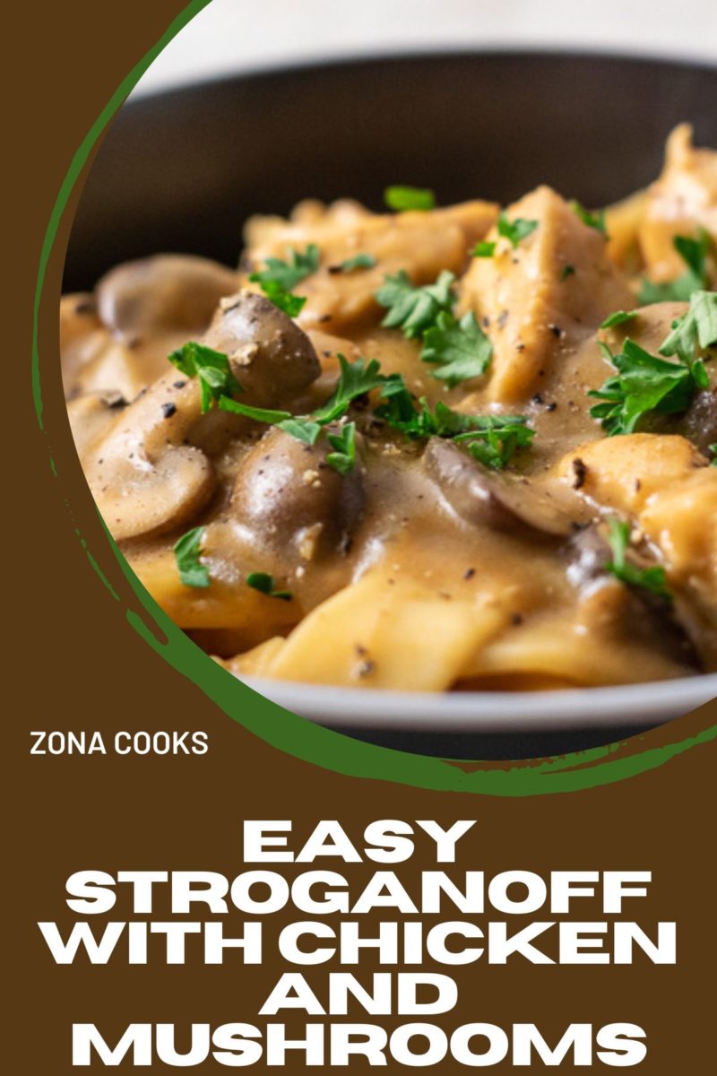 Easy Stroganoff with Chicken and Mushrooms in a bowl.