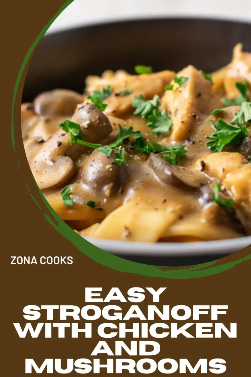 Easy Stroganoff with Chicken and Mushrooms in a bowl.