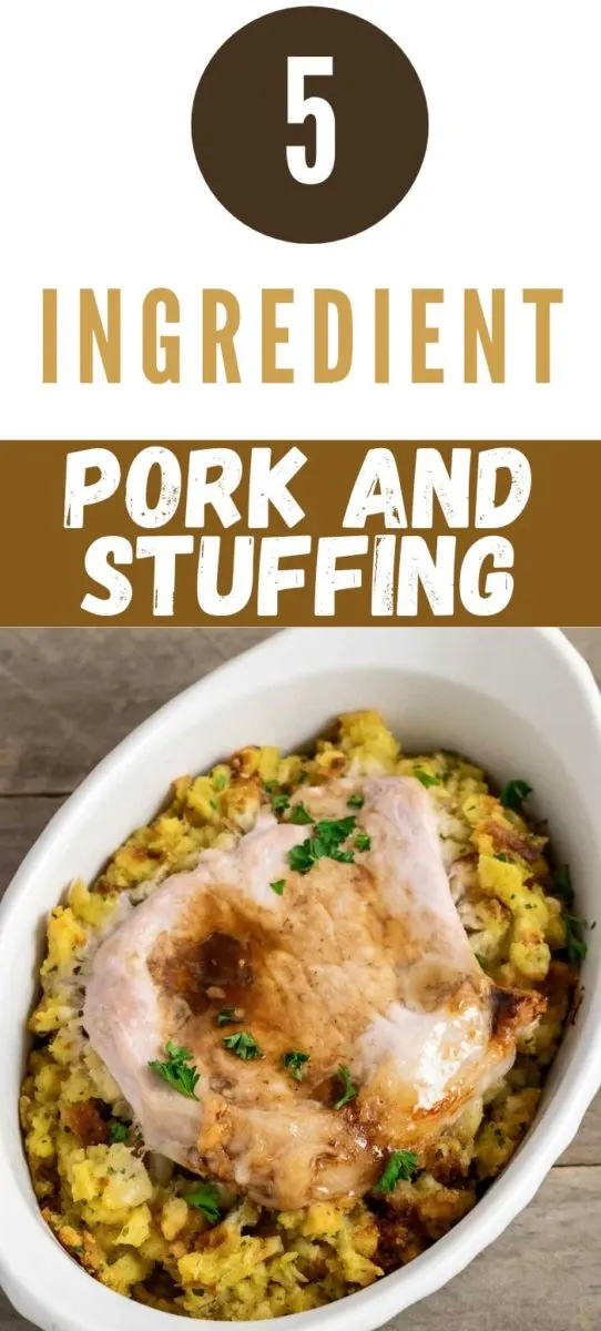 5 Ingredient Pork and Stuffing in a casserole dish.