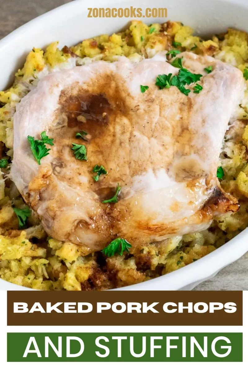 Baked Pork Chops and Stuffing in a baking dish.