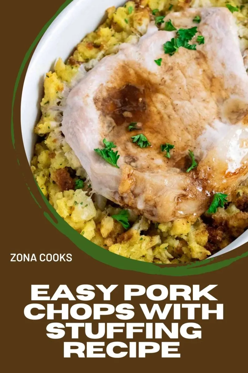 Easy Pork Chops with Stuffing in a baking dish.