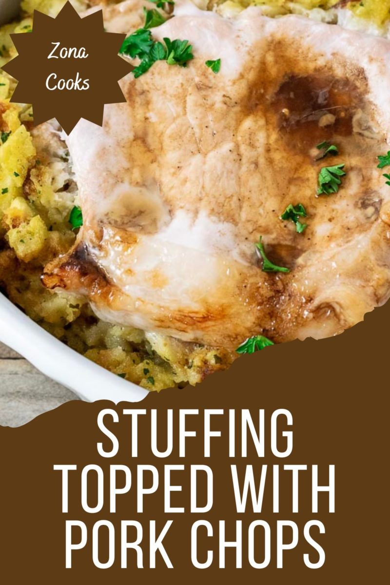 Stuffing Topped with Pork Chops in a baking dish.