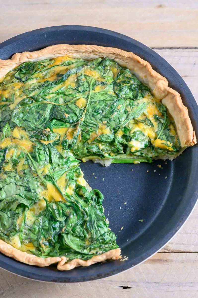 5 Ingredient Quiche with Spinach in a pie pan.