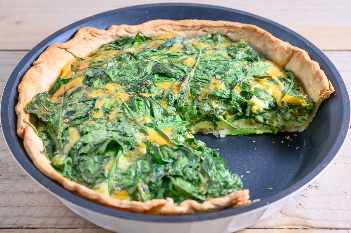 5 Ingredient Quiche with Spinach in a pie dish.