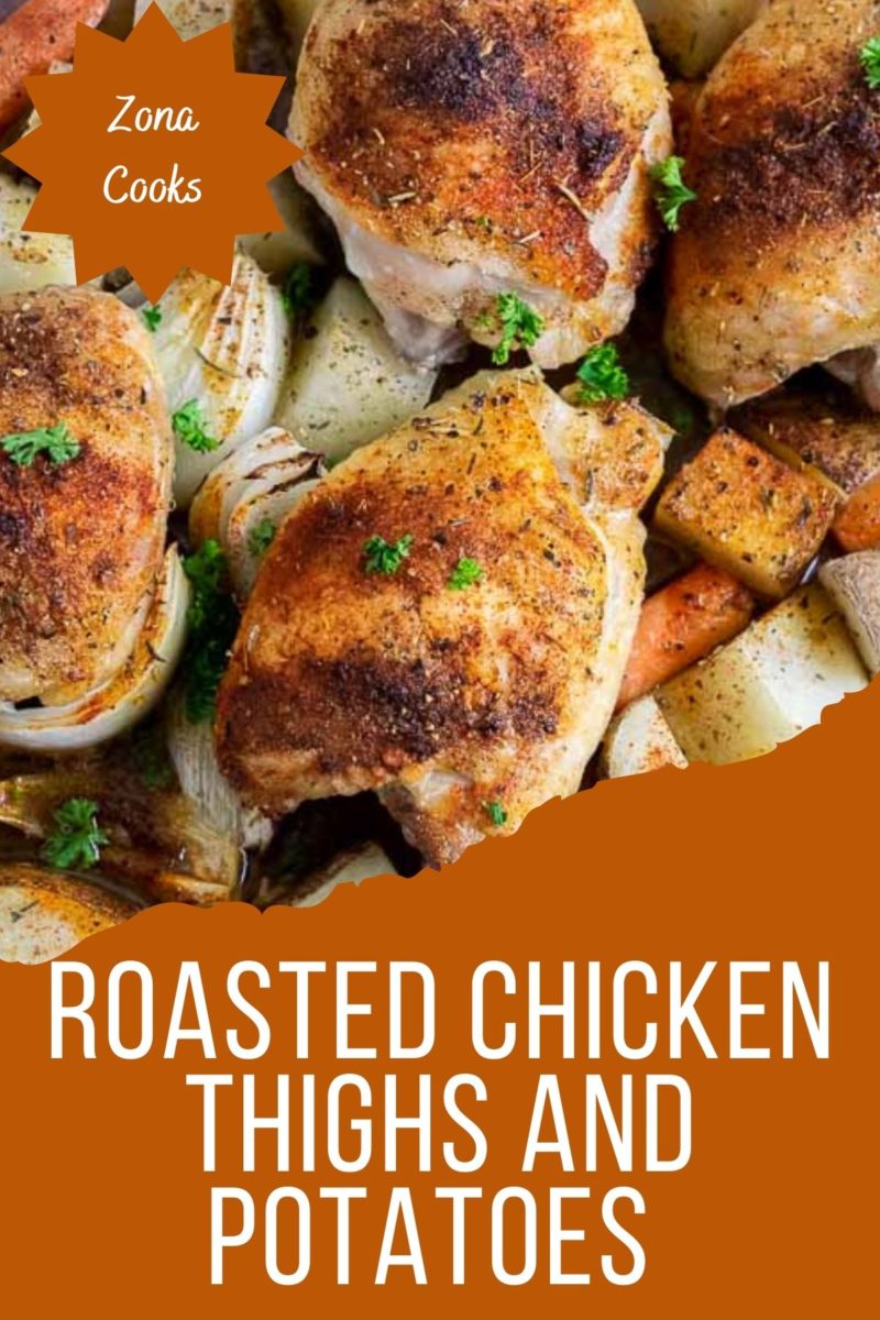 Roasted Chicken Thighs and Potatoes with carrots and onions.